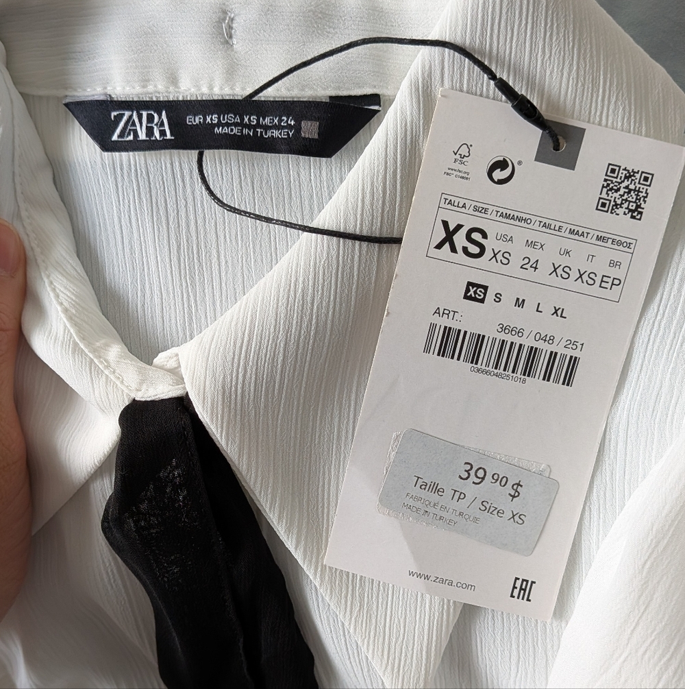 NWT Zara White Button up Ruffle Sleeve Blouse with Black Neck Tie XS - Picture 6 of 8